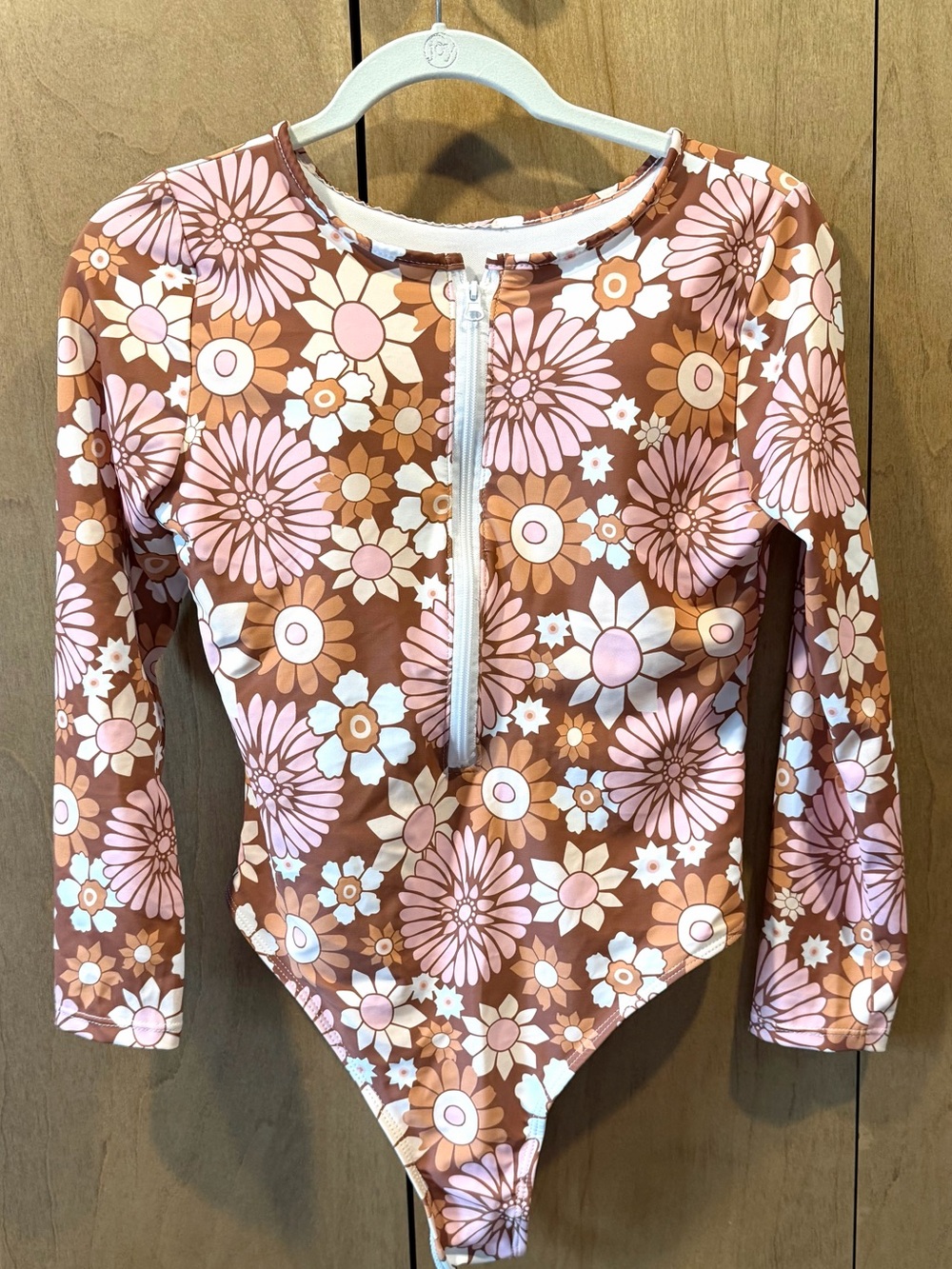 Boutique UV 50 Floral Pink Orange Swim one piece zip front swim suit L
